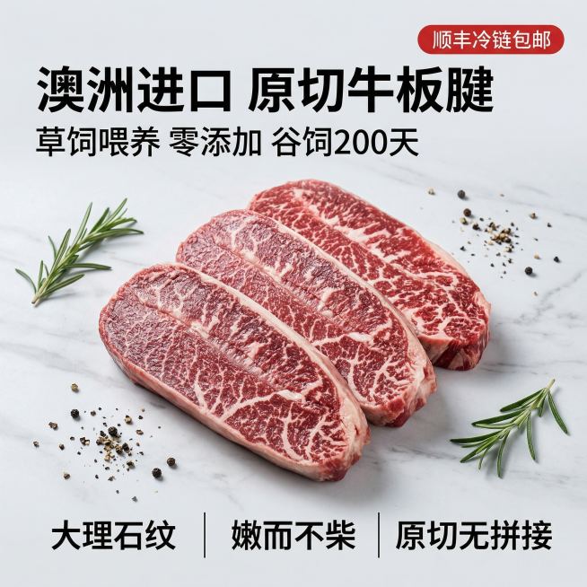 [垫图]输入图
[主图主题] 原切草饲牛板腱产品展示首图
[氛围/风格] 高级生鲜风，冷调自然光，干净质感
[画面元素] 3块完整牛板腱居中排列，脂肪纹理清晰鲜亮，放置在浅灰色大理石台面上，背景为纯净预览效果
