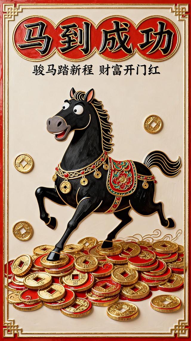 喜庆卡通插画风，拟人骏马踏金币，浮雕鎏金质感，春节贺岁主题，寓意马到成功、财源滚滚。