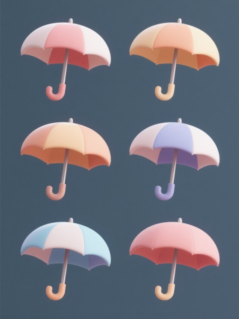 六个完全相同的软3D风格雨伞图标规整排布组成的系列素材集合，每个雨伞均保持相同的形态结构、圆润边角和简洁造型，背景为纯色且每个雨伞拥有完全不同的配色方案，整体呈现出统一的设计语言和和谐的视觉节奏预览效果
