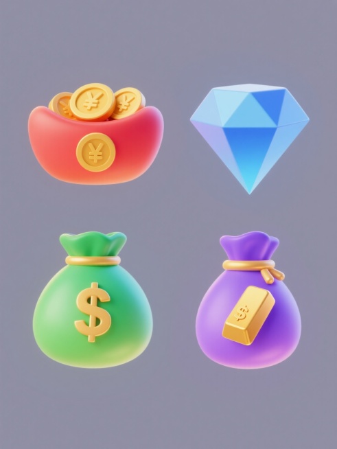 一系列4个不同元素的2.5D卡通风格图标，每个元素都具有圆润的边缘、光滑的渐变色彩、清晰的轮廓线和柔和的立体阴影效果，元素类目保持为类似金币的财富/价值象征物（如元宝、钻石、钱袋、金条），每个图标拥有完全不同的整体色彩（如红色系、蓝色系、绿色系、紫色系），所有图标规整地排列在纯色背景上，无文字、水印及任何额外装饰。预览效果