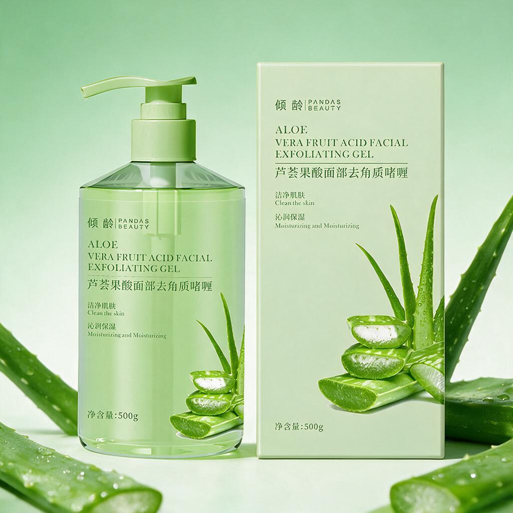 电商主图，芦荟果酸面部去角质啫喱产品，瓶身和包装盒保持原样，背… - 图片创意预览