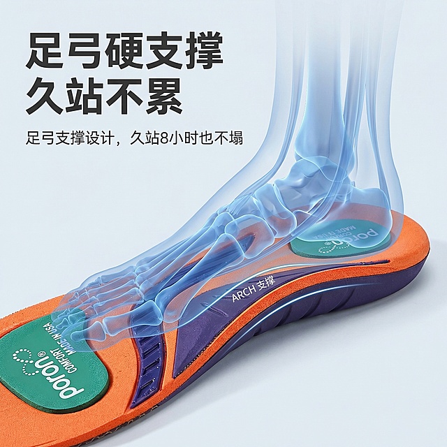 [垫图] https://gdesign-dam-hz.dancf.com/35906104922843265/da9a8cb1a2d2461ba6f15e5a45869a7a.png
[主图主题] 足弓支撑鞋垫卖点展示
[氛围/风格] 简约专业运动风格，清晰质感，明亮光影，和前两张主图风格统一
[画面元素] 鞋垫足弓支撑部位特写，突出硬支撑结构造型，产品结构必须和原图100%保持一致，搭配半透明足部骨骼示意图，标注足弓支撑位置，背景为纯净浅灰蓝色渐变，背景铺满全屏无边框
[配色色系] 主色调：浅灰蓝背景，产品保留原有配色，示意图用浅蓝半透明线条
[视角构图] 局部特写平视，清晰展示支撑结构
[文字版式] 主标题“足弓硬支撑 久站不累”，加粗无衬线字体，深灰色大号字体悬浮于画面左上角；副标题“足弓支撑设计，久站8小时也不塌”小号字体位于主标题下方。排版简洁，不遮挡核心结构。
[比例分辨率] 2k分辨率