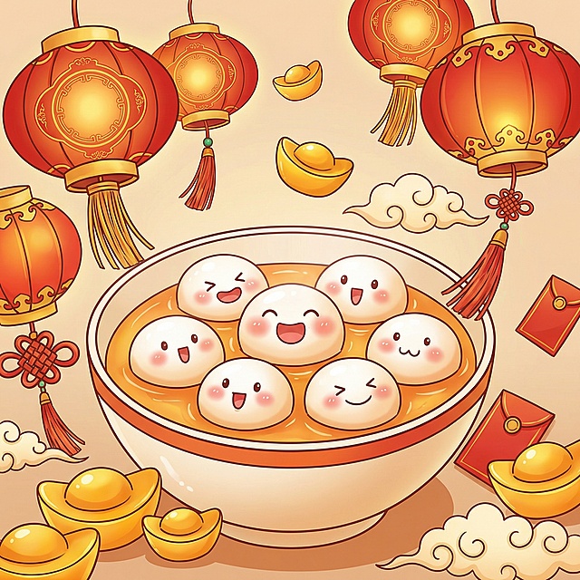 可爱风格元宵元素图，包含拟人化汤圆、元宵灯笼、金元宝等元素，风格参考上传的图片