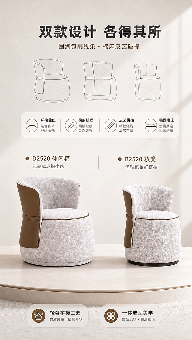 [商品] 使用【图1】左侧D2520休闲椅与右侧B2520妆凳两款产品；保留浅灰/米白棉麻主体、咖棕仿真皮拼接、圆润造型、底座结构，颜色材质比例与原图一致；商品处理：增强面料肌理与皮面光泽，缝线清晰，底座金属质感提升，不改变外形结构。
[画面] 目标：设计美学叙事页，突出双款造型线条与材质拼接灵感。构图：上下分区，上半区文案+设计线条稿元素，下半区两款产品左右对称陈列于极简亮调展台上；产品占画面约50%；景别：中景；前中后景：前景浅米色展台，中景两款产品，后景奶白渐变背景+几何光影；阅读动线：顶部主标题→中部设计说明→底部双款产品。
[视觉] 套系策略：风格=高级大气轻奢家居商业摄影；标题字=现代简约无衬线粗体；正文字=精致无衬线体；主色=奶白+浅灰；背景延展=基于奶白、浅灰做同色系深浅渐变、柔光墙面与细腻织物质感；强调色=咖棕（与产品皮面呼应），仅用于小面积图标、引线、标签和点缀；标题色=深炭灰；正文色=中暖灰；组件=圆角浅底信息卡、细金线引线、极简icon；光影=正上方暖白柔光，明亮通透，阴影柔和，整体亮色调。
[文字] 顶部主标题：双款设计 各得其所（8字）；副标题：圆润包裹线条 · 棉麻皮艺碰撞（12字）；下方左右分述两款：左「D2520 休闲椅 · 包裹式环抱坐感」、右「B2520 妆凳 · 优雅梳妆好搭档」；底部2个短卖点：轻奢拼接工艺 / 一体成型美学；所有文字横向排版，不遮挡产品主体。
[规格] 淘宝/天猫详情页，单屏比例9:16竖版，4K分辨率，负向提示：避免变形、错字、文字过小、暗黑色调、冷蓝背景、产品结构改变、材质颜色失真、极限词、平台Logo水印。