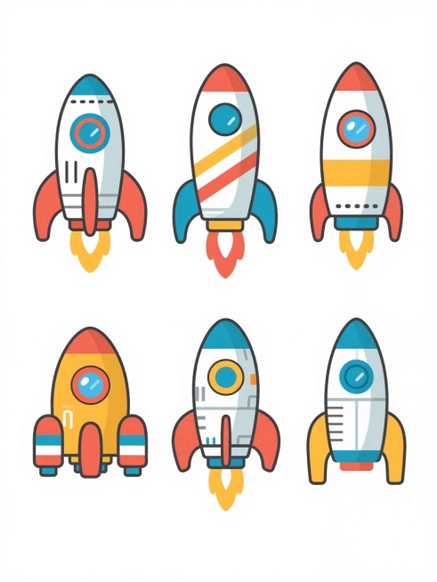 六个不同样式、不同材质、不同风格的火箭，以整齐排列的方式展示在纯白色背景上，整体采用扁平化矢量插画风格，线条简洁流畅，色彩明快，每个火箭都具有独特的设计元素，如不同的推进器形状、舱体结构、装饰条纹和颜色搭配，呈现出卡通化的可爱感和现代设计感，没有任何文字、LOGO、电话地址及二维码等元素，画面干净整洁，视觉层级清晰，信息传达高效。预览效果