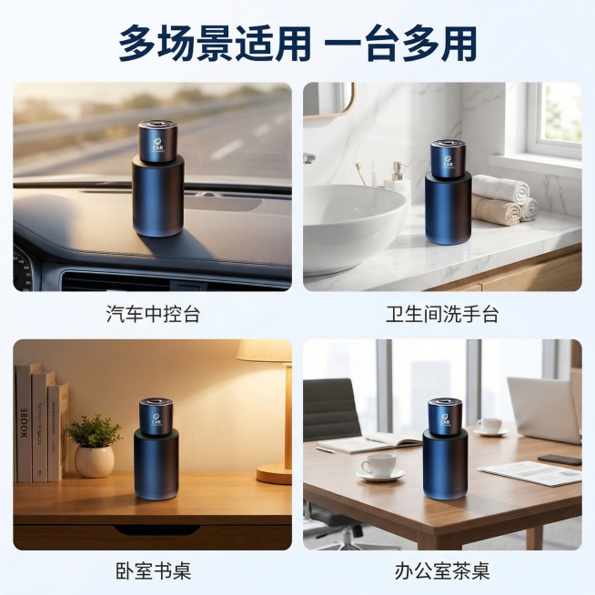 [主图 4] 车载香薰多场景适用展示
[氛围/风格] 生活场景风，真实自然，温馨通透。
[画面元素] 保持原产品外观，用四宫格布局展示四种适用场景，每个宫格放一张产品使用图：左上放汽车中控台、右上放卫预览效果