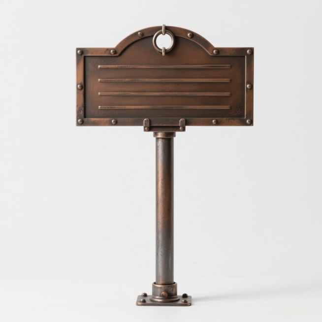 一个设计成复古金属路牌样式的指示牌，主体为哑光质感的古铜色金属板，边缘有精致的铆钉装饰和轻微的做旧磨损效果，表面带有横向的复古纹理，顶部设计成弧形并焊接有一个简约的金属环，底部连接着一根同样材质的金属立杆，立杆底部有加固的金属底座，整体保持垂直站立姿态，色彩上采用古铜色与深棕色的复古配色，呈现出怀旧工业风的设计感，背景为纯白色。预览效果