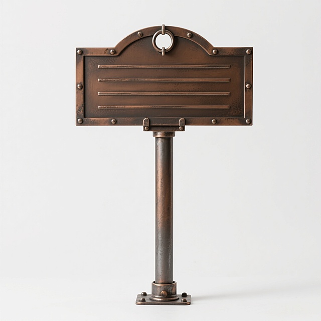 一个设计成复古金属路牌样式的指示牌，主体为哑光质感的古铜色金属板，边缘有精致的铆钉装饰和轻微的做旧磨损效果，表面带有横向的复古纹理，顶部设计成弧形并焊接有一个简约的金属环，底部连接着一根同样材质的金属立杆，立杆底部有加固的金属底座，整体保持垂直站立姿态，色彩上采用古铜色与深棕色的复古配色，呈现出怀旧工业风的设计感，背景为纯白色。