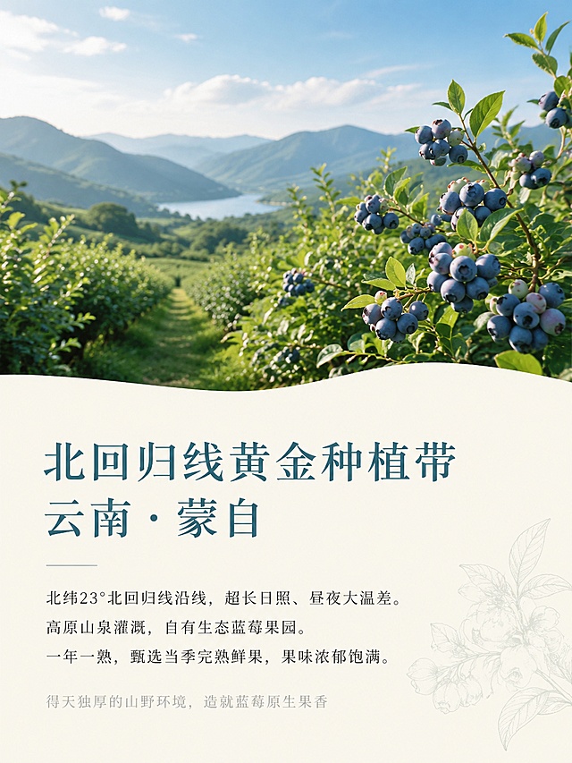 为我生成一整套「图片1」电商产品详情介绍图片。蓝莓酒产品信息「图片1」
左上角位置放LOGO「图片1」，风格统一：简约高级、云南山野柔光、高清电商竖版3:4。
文字描述：
首屏主视觉：大标题：山野佳酿 · 蒙自蓝莓果酒副标题：低度微醺，天然鲜果酿造底部小字：蒙自北回归线风物馆 产地直供。第2屏 核心卖点，1. 高含量蓝莓原汁，鲜果压榨发酵
2. 无香精、无人工色素、无防腐剂
3. 搭配原生蜂蜜调和，入口柔润清甜
4. 低度6.5%vol，女生友好，小酌无负担
底部标签：真材实料 | 鲜果酿造
第三屏产地溯源
主标题：北回归线黄金种植带 云南·蒙自
 北纬23°北回归线沿线，超长日照、昼夜大温差。高原山泉灌溉，自有生态蓝莓果园。一年一熟，甄选当季完熟鲜果，果味浓郁饱满
辅文：得天独厚的山野环境，造就蓝莓原生果香
第四屏荣誉品质背书
主标题：权威认证，品质有据可依，同厂酿造标准：蒙自飞花酿原厂出品，曾斩获全国果酒博览会金奖。入选高端国宾宴饮指定果酒序列。每批次通过第三方权威质检，符合国标GB 2758-2012「图片1」「图片1」
。PICC食品安全责任险全额承保，饮用更安心。
第5屏：五种饮用场景
竖版3:4详情页，分栏简约布局，5个小场景方框，分别展示冰镇、温饮、气泡特调、果酒咖啡、乌龙奶调饮用场景，搭配简短文字说明，清新治愈色调，标题：一人小酌，人人都是品酒师
第6屏 生产保障&物流售后
竖版3:4详情页，上下分栏版式，上半部分无菌车间极简配图+生产保障文字，下半部分顺丰物流图标+售后须知文字，整体稳妥安心的视觉感受，浅灰干净底色，排版条理清晰，左上角预留蒙自北回归线风物馆LOGO位置。

温馨提示：天然食材易受光照影响变色，属正常现象，不影响饮用安全。

画面比例：3:4竖版电商详情页

风格：极简高级，山野治愈柔光，干净留白，低饱和莫兰迪色调，米白+莫兰迪蓝青色主配色，橄榄深绿点缀，画面留白，不用堆砌太多元素

画质：8K，商业产品摄影，细节清晰，质感细腻

元素：实拍蓝莓果园、实拍静物蓝莓，蓝莓剖面，蓝天，水感蓝莓，手绘线条绿叶蓝莓

每张图片应遵循电商最佳实践，使用干净的白色或设计背景，具有专业的8K美食摄影质量，并通过引人注目的视觉故事推动购买决策。