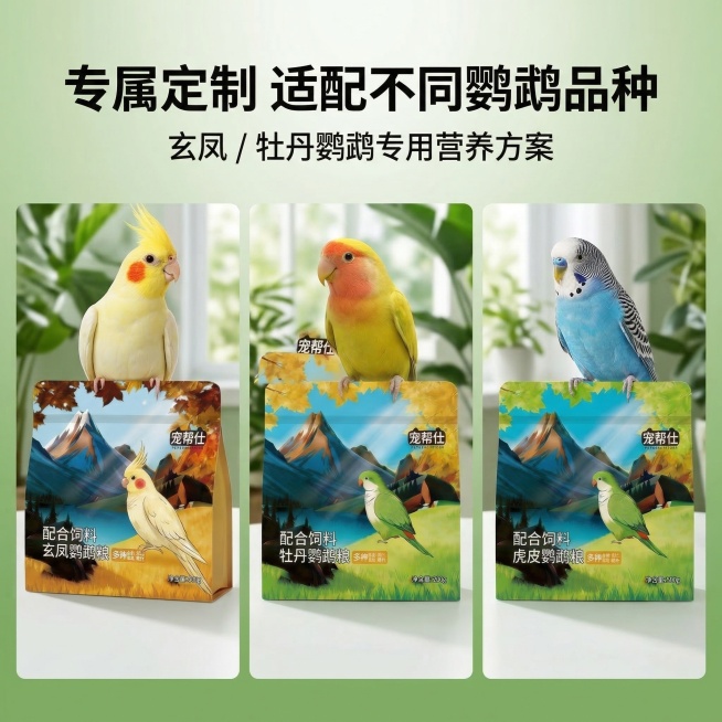 严格还原上传的宠帮仕鹦鹉粮产品图，包括包装设计、颜色、LOGO位置、文字内容、图案元素等所有细节。主标题是"专属定制 适配不同鹦鹉品种"，副标题是"玄凤 / 牡丹鹦鹉专用营养方案"。画面分三栏布局，分预览效果
