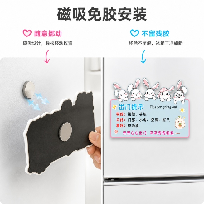 [主图-2] 核心卖点功能展示图，突出磁吸免胶优势。
[氛围风格] 清晰直白演示风，干净利落。
[画质] 商业摄影质感，光线均匀通透，产品细节清晰。
[元素] 产品主体居中放置在干净白色冰箱门上，左侧预览效果