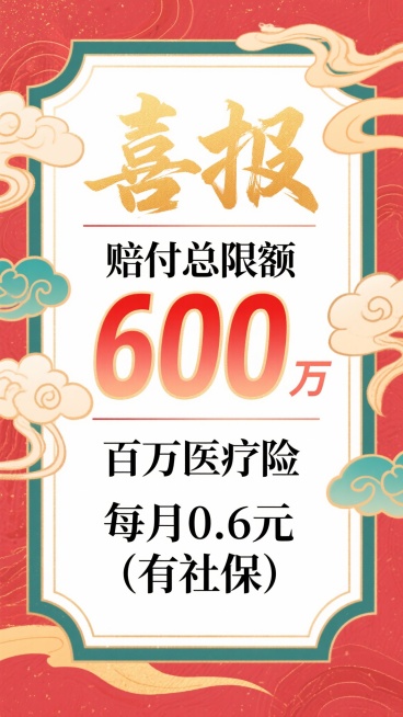 修改主标题"600万"色彩对比
生成十张中国传统节日喜庆风格宣传海报，最上方用书法大字写着“喜报”，占比约图片1/3，中间文字写着“赔付总限额600万”、“百万医疗险”、下方“每月0.6元（有社保）”预览效果