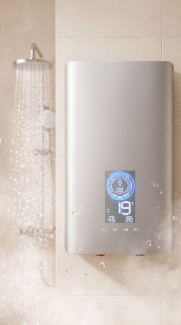 银灰色哑光即热式电热水器，保持产品外观和物理结构绝对不变，显示屏幕文字保持原样，接口严禁扭曲。
安装在现代卫生间瓷砖墙面上，背景是干净的淋浴区，花洒流淌出水珠，拉开景深。
全屋漫射柔光，低对比度，阴影预览效果
