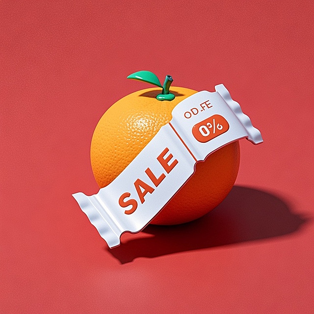 3D轻拟物风设计，橙子与促销标签结合，营造生动促销感。