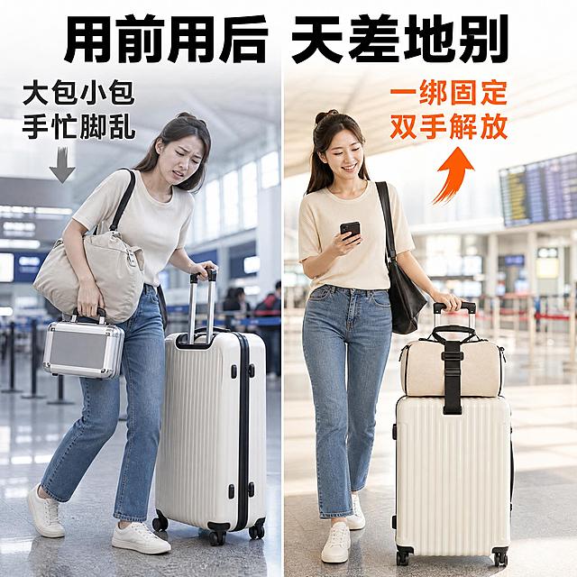 [主图-5] 前后对比图 使用前vs使用后 双手解放
[统一基调] 出行旅行风 机场街拍感 干净专业电商展示风 明亮通透浅色背景 黑色织带+金属卡扣突出质感 拼多多风格大字直白 标题粗黑大字醒目 辅助文字缩小 整体清爽高级
[画面] 左右分屏对比构图 机场出发大厅虚化背景 中间竖线分隔 左侧Before 一个年轻女性旅行者 左手拉大行李箱 右手拎小箱子 腋下还夹着一个包 表情吃力皱眉 身体前倾 手忙脚乱 行李多而杂乱 右侧After 同一个人 同样的穿搭 小箱子用黑色固定绑带稳稳叠在大行李箱上 绑带两端套在拉杆上 卡扣锁紧 她只用一只手轻松推着大箱 另一只手拿着手机看 面带微笑 从容自信 人物为亚洲年轻女性 休闲旅行穿搭 同一位模特 绑带产品为黑色织带+黑色卡扣+弹力皮筋 与参考图结构一致
[光影质感] 高清真人场景摄影质感 自然光照明 人物与行李箱自然融入机场环境 阴影真实 左侧画面色调偏冷偏灰表现吃力 右侧画面明亮温暖表现轻松
[配色] 背景机场浅色调 左侧整体偏冷灰 右侧明亮温暖 产品黑色 标题字左侧灰色右侧橙色 对比强烈
[文字版式] 顶部居中大标题"用前用后 天差地别" 左侧上方大字"大包小包 手忙脚乱" 配灰色向下箭头 右侧上方大字"一绑固定 双手解放" 配橙色向上箭头 文字醒目 不遮挡人物主体
[输出要求] 1:1正方形 2048px 文字清晰可读 人物自然 禁止面部畸形 禁止手指异常 禁止错字 禁止水印 禁止平台Logo
