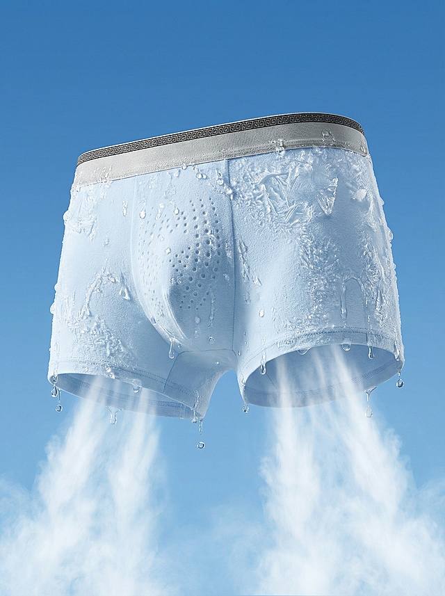 主体为一条浅蓝色男士平角内裤（参考图1），严格保留原有的腰头黑灰回纹织带和前片渐变透气孔纹理；内裤内部有气体充斥着，饱满立体感，内裤整体悬浮于纯净的蓝天背景中，裤身表面覆盖着逼真的冰霜与冰晶，边缘有融化的水珠向下滴落；裤身下方喷射出大量的白色冷雾与气流，营造出强烈的冰爽降温感，整体画面呈现出超现实的清凉悬浮效果，光影通透，质感细腻，保持原内裤的纹理结构清晰可见。