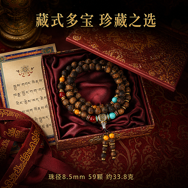 「图片1」「图片1」全程不得更改上传原图沉香手串的珠子数量、珠径、天然木纹、油线分布、深浅色泽、串型结构；全程温润哑光沉香原生质感，拒绝塑料光泽、过度提亮；要有产品展示图和穿戴效果图，风格新中式风格，8K 电商商业实拍，我要5张主图，8张详情图（种植沉香，产品信息：藏式多宝佛头沉香手串，珠径：8.5mm，克重：33.8克，颗数：59颗）