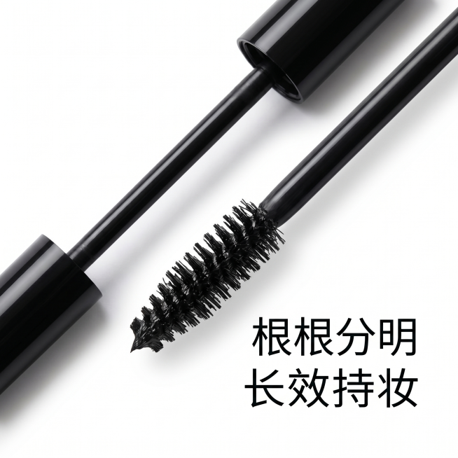 800×800px，高清写实电商商品摄影，45度侧视角展示黑色油性睫毛膏产品，完整展示刷头细节和膏体质地，产品细节清晰，色彩真实。纯白色背景，光线柔和自然，简约干净的美妆商品图，无畸形无乱码无多余杂物预览效果