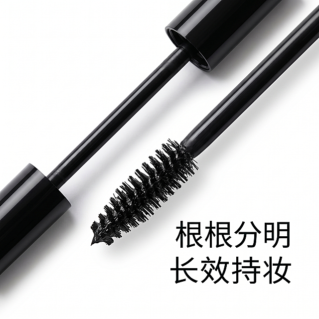 800×800px，高清写实电商商品摄影，45度侧视角展示黑色油性睫毛膏产品，完整展示刷头细节和膏体质地，产品细节清晰，色彩真实。纯白色背景，光线柔和自然，简约干净的美妆商品图，无畸形无乱码无多余杂物，带有中文卖点"根根分明 长效持妆"，排版简洁不遮挡产品，符合拼多多美妆上架要求，无违规内容