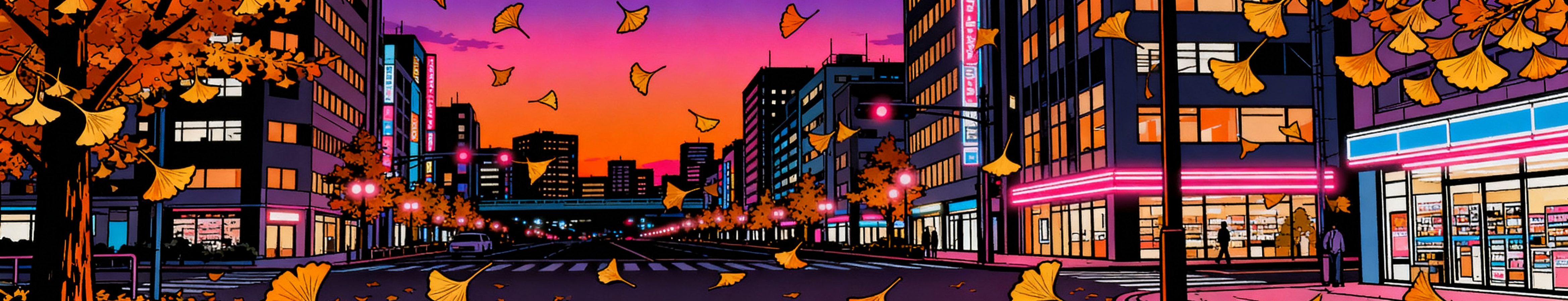 Citypop风格秋季氛围插画，复古都市流行美学，秋日黄昏的城… - 图片创意预览