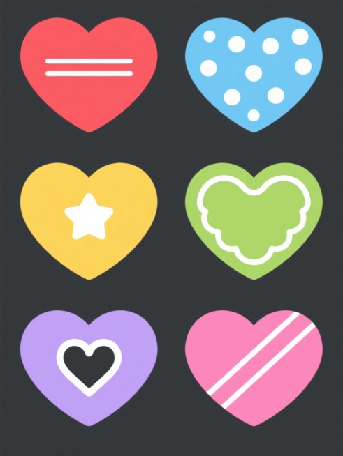 系列爱心图标设计，6个完全不同装饰的同元素内容素材集合，规整排布。每个爱心均保持相同的简约平面风格、光滑无纹理的纯色填充质感、圆润流畅的轮廓线条和纯白色背景。爱心颜色分别为：明亮的正红色、柔和的天蓝色、温暖的明黄色、清新的草绿色、优雅的淡紫色和活泼的粉红色。每个爱心上有独特装饰：1. 红色爱心：顶部有三条等距水平白色细线条；2. 蓝色爱心：表面分布着大小不一的白色圆点图案；3. 黄色爱心：中央……预览效果