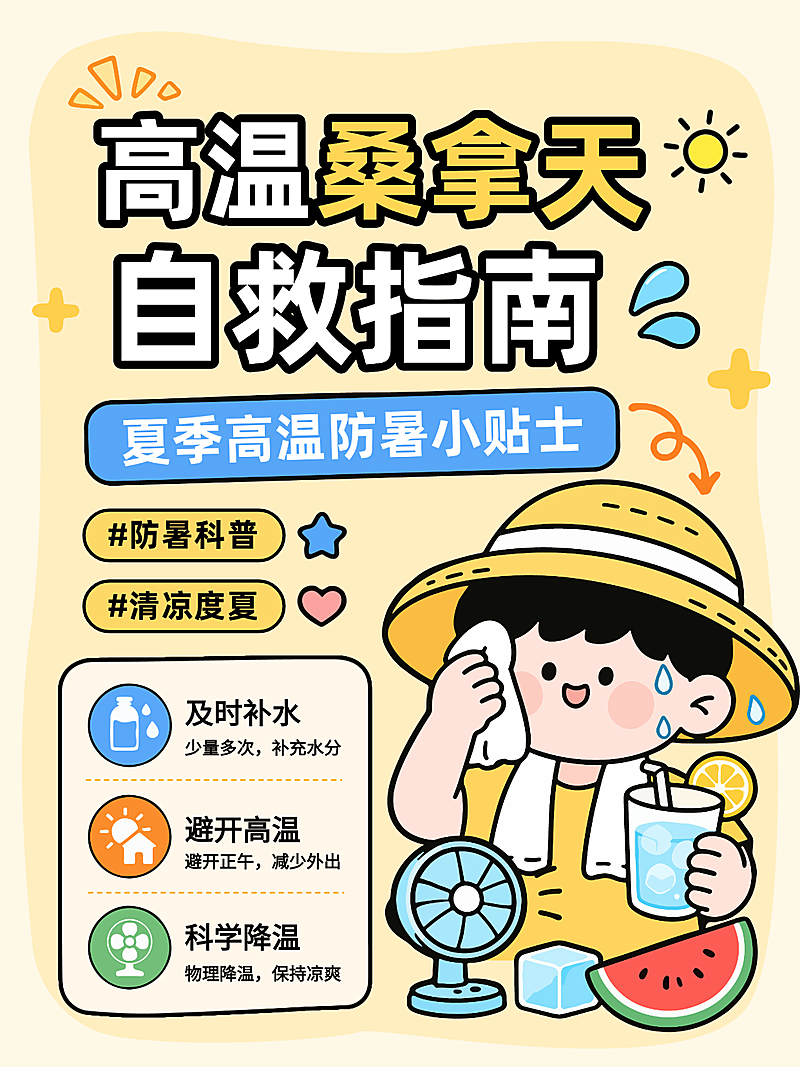 夏季高温防暑自救指南扁平卡通风小红书配图