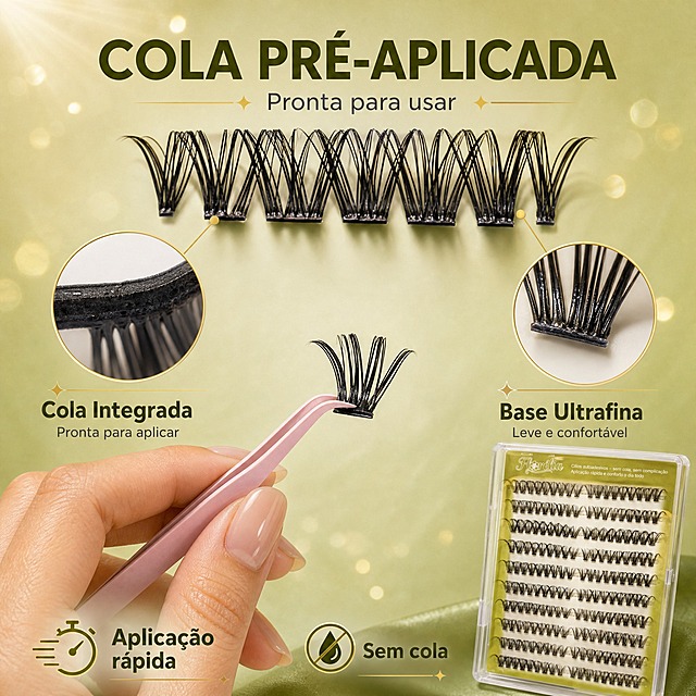[主图-2] 免胶自粘核心卖点图，主题为 Cola Pré-Aplicada 免胶即贴，展示假睫毛根部预胶结构细节。
[统一基调] 橄榄绿+香槟金轻奢美妆风，自然光感，葡萄牙语文案，主标题用干净无衬线粗体，辅助文字用同系列常规体，标题字色深橄榄绿，辅助字色深灰，强调色香槟金。
[画面] 浅橄榄绿渐变背景，带细微光斑和香槟金散景。画面中心偏上是一簇放大的黑色分段假睫毛，正面平视，根部黑色胶条清晰可见，展示预涂胶层。左右各一个圆形放大框：左框放大睫毛根部胶条横截面，标注胶层均匀；右框放大超细根部基底，展示轻薄柔软。下方有一只手（拉美女性手部，肤色健康）用粉色镊子夹起一簇假睫毛的局部动作，展示取用便捷。右下角放置完整的假睫毛透明托盘产品小图，建立商品归属。
[光影质感] 影棚柔光+自然窗光混合，主光偏左上，睫毛纤维有光泽，胶条有微粘质感，手部皮肤真实，商业美妆摄影质感。
[配色] 浅橄榄绿渐变背景，香槟金色点缀光斑，黑色睫毛，肤色手部，整体暖调自然。
[文字版式] 顶部大标题 "COLA PRÉ-APLICADA"，副标题 "Pronta para usar"。左圆框下方文字 "Cola Integrada" + 小字 "Pronta para aplicar"。右圆框下方文字 "Base Ultrafina" + 小字 "Leve e confortável"。底部左侧 "Aplicação rápida"，底部右侧 "Sem cola"。文字均为葡萄牙语，主标题最大最粗，辅助文字缩小50%以上，放在负空间不遮挡主体。
[输出要求] 比例1:1，2048x2048，产品清晰，文字清晰可读，无变形，无错字，无水印，无平台Logo，无中文。