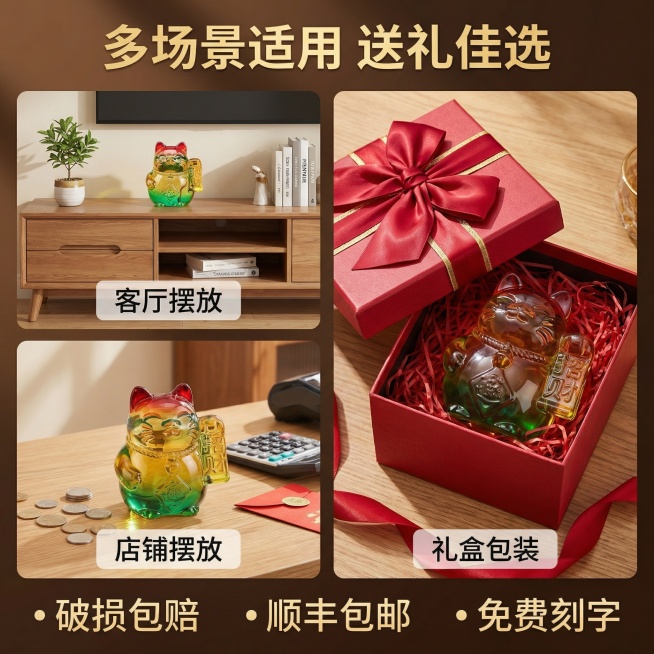 彩色招财猫水晶摆件主图3，中式温馨风格，暖调自然光。背景与主图1统一。画面展示招财猫三个不同摆放场景拼图：左上格为摆放于客厅电视柜场景，左下格为摆放于店铺收银台场景，右侧整格为招财猫礼盒包装展示，搭配预览效果