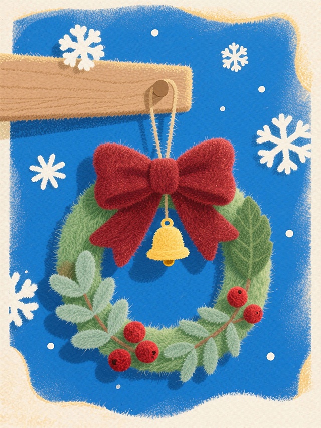 主体是圣诞花环，环上插绿色尤加利叶、红色浆果，还挂着黄色小铃铛。花环中央系酒红色大蝴蝶结，斜挂在浅棕木质挂钩上。宝蓝色背景飘着白色雪花，边缘晕染淡金色光晕。