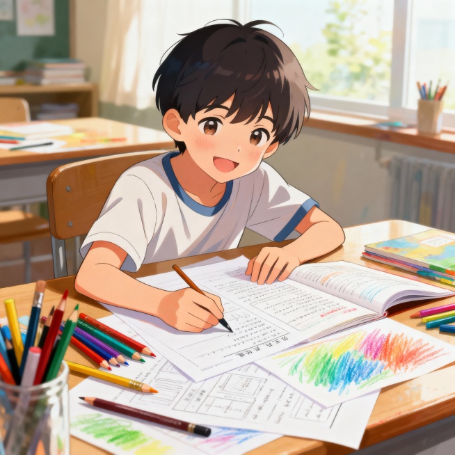 孩子用漫画形式整理课文知识点，桌上铺满彩色画笔和画纸，孩子脸上带着创作的笑容，风格是二次元风格，比例是1:1预览效果