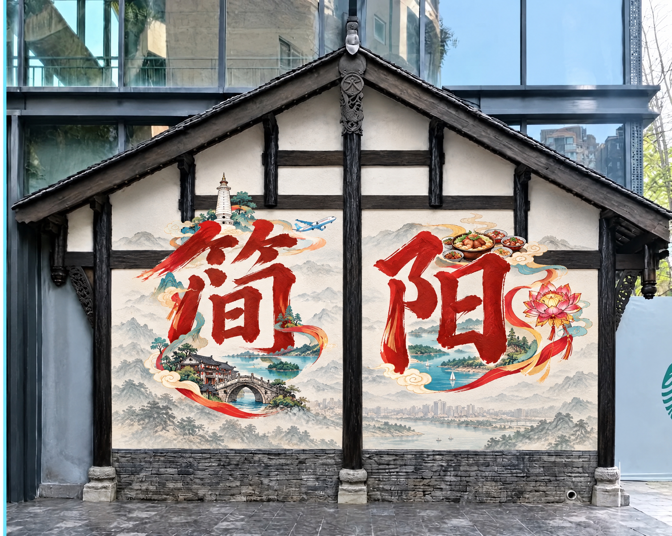 将参考图中的墙面壁画重新设计：保持中式古建筑墙面整体环境不变，… - 图片创意预览