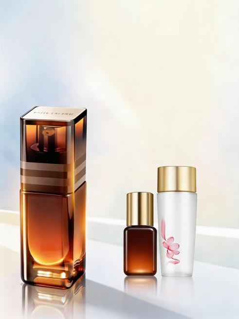 去除图片上所有的文字内容，包括顶部品牌名、宣传文案、「New全新上市」标识、底部赠品说明和备注文字，保留所有产品和原本的浅色渐变背景、台面完好，和原图风格、元素、色彩完全一致预览效果