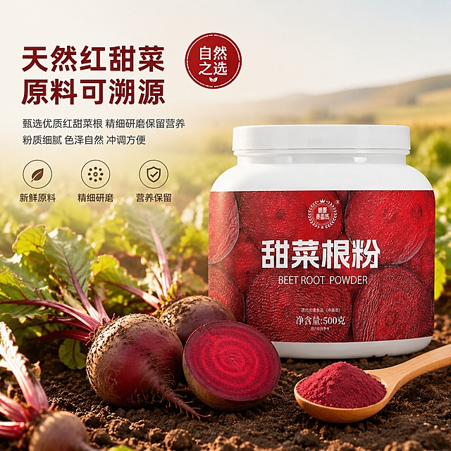 [主图-2] 甜菜根粉原料溯源与核心卖点图，突出天然产地与品质信任。
[氛围风格] 自然田园风，清新健康，稳重品质感，京东风格简洁一图一重点。
[画质] 商业摄影质感，光线自然通透，细节丰富清晰，画面干净高级。
[元素] 画面右侧放置甜菜根粉罐子（白色罐身红色标签），罐体完整，商品主体占比约65%。罐子左侧与后方融入虚化的红甜菜根农田场景，成排的绿叶红甜菜生长在泥土中，远处有柔和的田野光线。罐子前方摆放3-4颗新鲜采收的红甜菜根，带少许泥土与根须，展示天然产地感。其中一颗切开一半，露出鲜艳的紫红色横截面与清晰纹理。旁边放一个小木勺，盛有细腻粉末。保持甜菜根粉罐子外观（即物理结构、材质质感、颜色、标签图案文字）与输入产品图绝对一致，杜绝任何变形和色差，精细化处理。
[光影] 自然侧逆光为主，从田野方向洒来，勾勒甜菜根轮廓与叶片边缘光；正面柔光补亮产品正面，罐身有柔和高光，泥土与菜叶有自然明暗；整体暖调自然光感，通透不灰蒙。
[配色] 主色调自然红、大地绿，辅色浅褐泥土色、米白、暖金；色彩取自真实农田与产品。
[视角构图] 平视角度，产品右置为视觉重心，左侧留出文案负空间，前中后景（甜菜根-产品罐-农田）分层清晰，景深中等，背景农田虚化有层次，画面满屏无边框。
[文字版式] 左侧负空间左对齐留安全边距，文字占比小于30%。主标题粗体无衬线深红褐色：「天然红甜菜 原料可溯源」，字号最大。下方两行辅助细体深灰字：「甄选优质红甜菜根 精细研磨保留营养」「粉质细腻 色泽自然 冲调方便」。中部偏上有一个圆形印章式红底白字小标识：「自然之选」。底部三个小图标配短句横向排列：「新鲜原料」「精细研磨」「营养保留」，深褐色字简洁现代。
[输出要求] 1:1比例，文字清晰锐利可辨，超高清商业摄影质感。
[负向提示词] 变形，文字错乱，产品图模糊，背景杂乱，水印，电商平台Logo，医疗功效暗示，绝对化用语。