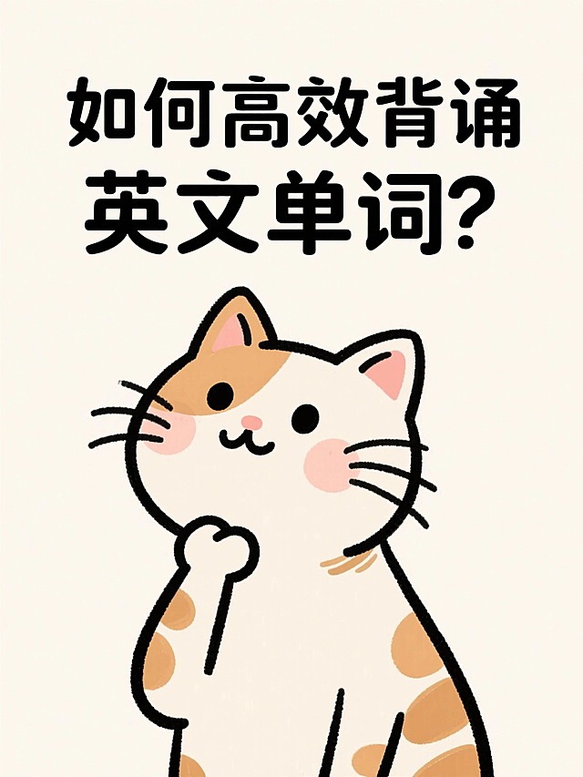 标题为“如何高效背诵英文单词？”，标题下方有一只思考中的卡通猫咪，背景纯色，手绘卡通