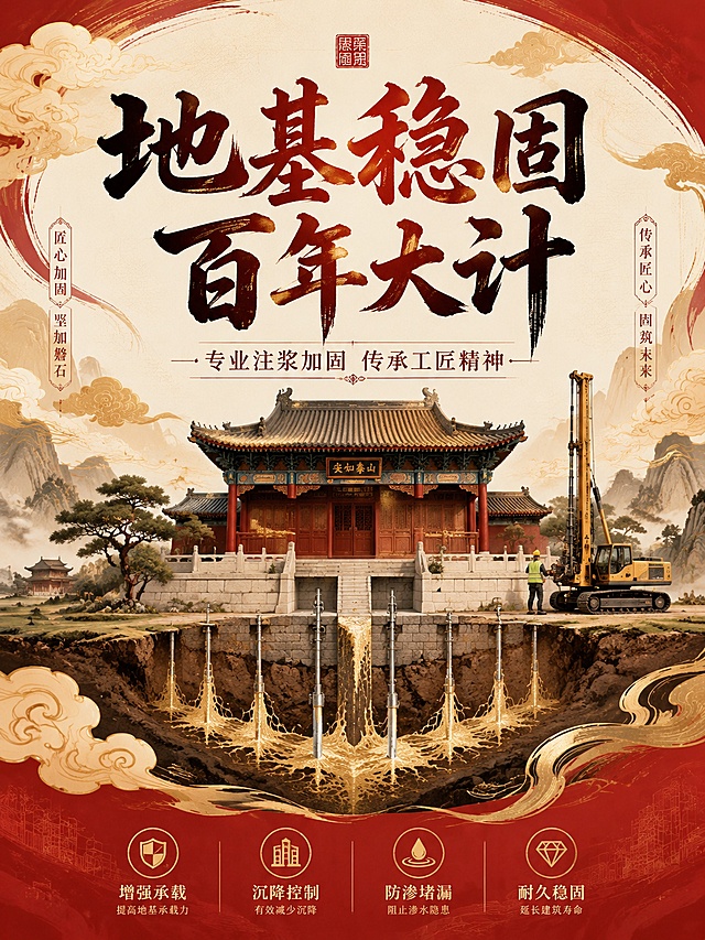 注浆加固宣传海报，国潮中国风设计，画面中央是传统建筑地基加固的创意插画，祥云纹样装饰，毛笔书法字体标题"地基稳固 百年大计"，下方小字"专业注浆加固 传承工匠精神"，红金配色，中国风元素与现代工程结合，3:4竖版构图