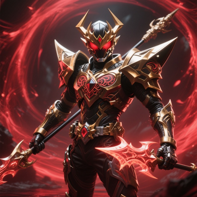 修罗铠甲勇士，主体保留修罗铠甲标志性的暗金色装甲与尖锐棱角设计，眼部发出红色光芒，肩甲呈倒三角金属结构，胸甲有复杂的能量纹路，手持修罗炼狱戟，整体姿态呈现战斗状态，背景为暗红色能量漩涡预览效果