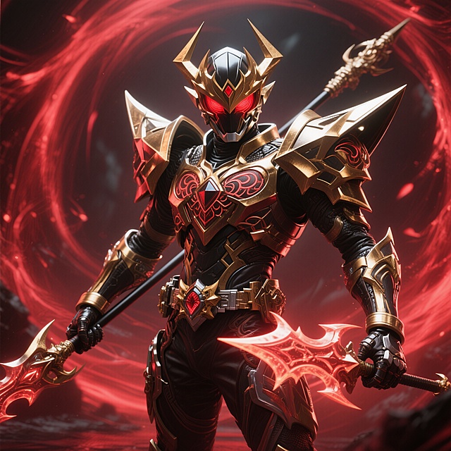 酷炫3D角色，哥特金属风盔甲，鎏金细节，神秘红光环绕，尽显威严与力量。