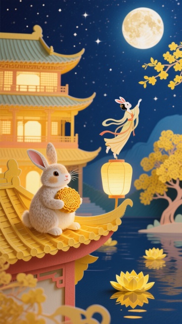 一只兔子抱月饼坐古楼檐角，另一只跃莲花灯上；嫦娥飞向月亮，深蓝夜空悬满月、缀星光，月下三层中式楼阁透暖光，右有黄花树，左及水面飘黄莲，水面映倒影。暖黄与深蓝交织。预览效果