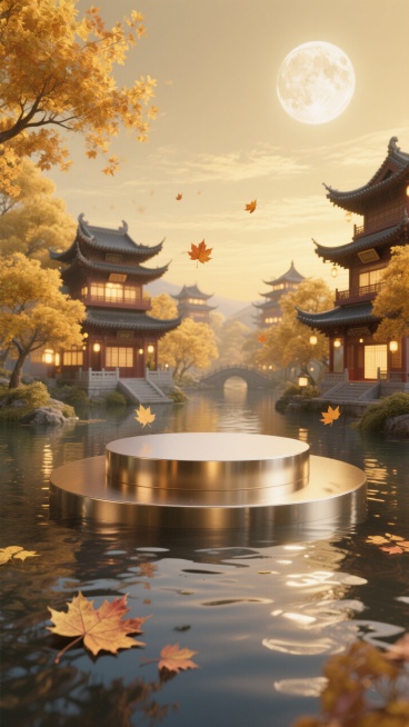 国风虚拟电商场景图。前景是一个圆形金属展台，水面波光粼粼，几片枫叶飘落。背景亮灯的传统中式楼阁建筑群、金黄枫树，金色的天空挂着一轮发光的圆月预览效果