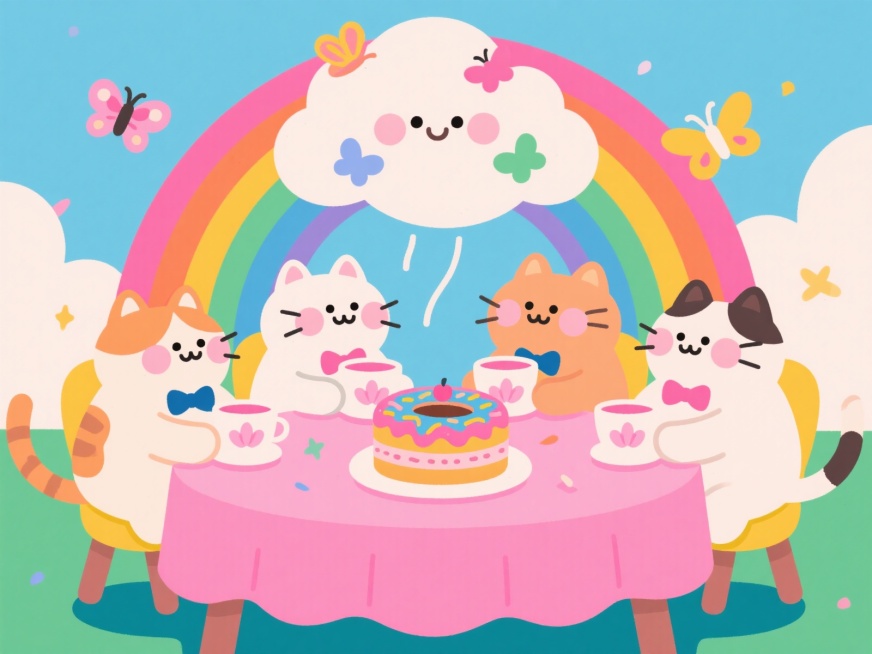 软绵绵的云朵搭建的茶话会场地，几只圆滚滚的猫咪戴着精致的小领结，正捧着花瓣形状的茶杯，桌上摆放着诱人的甜甜圈蛋糕，彩色的蝴蝶围绕着云朵轻盈飘舞，背景是柔和的彩虹色渐变，整体呈现出扁平插画风格，色彩粉嫩预览效果
