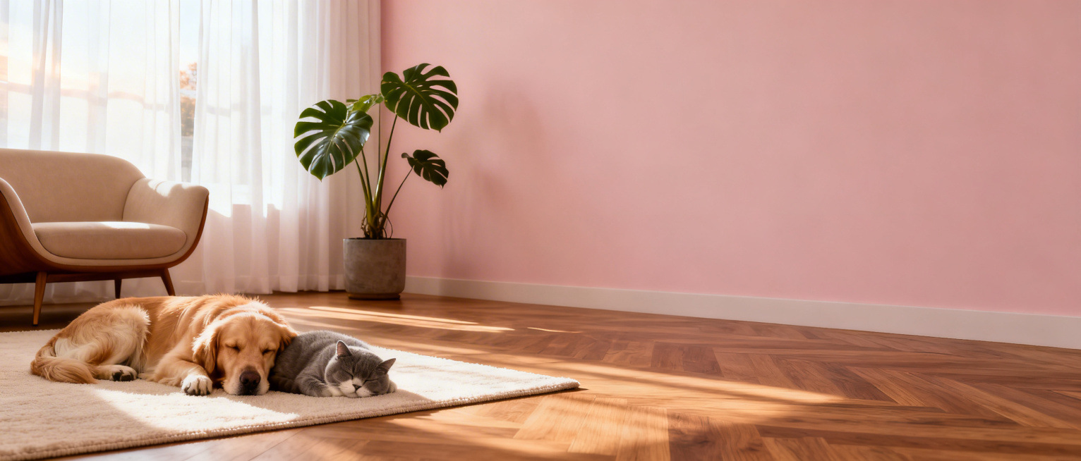 品牌故事的全景背景图，温馨时尚的现代客厅，柔和的晨光透过轻薄的白色窗帘洒入室内。一只可爱的金毛寻回犬和一只毛茸茸的英国短毛猫在左下角柔软的奶油色地毯上安然入睡。温暖的橡木地板，简约的中世纪现代米色沙发预览效果