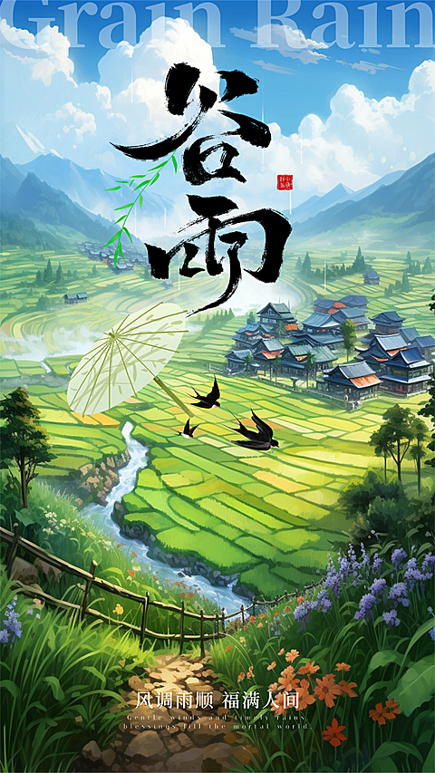 谷雨节气祝福竖版海报