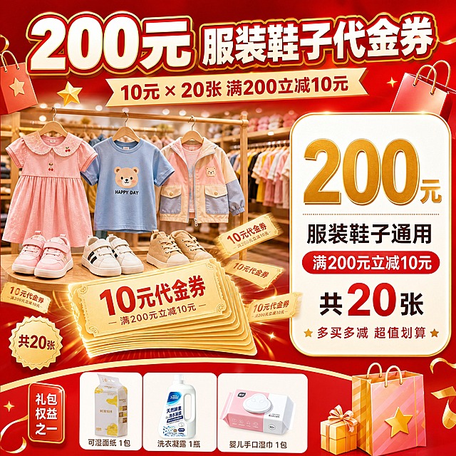 [主图-6] 子康婴用19.9元引流大礼包 服装鞋子代金券权益图。唯一任务：突出200元服装鞋子代金券的实用价值，吸引有童装童鞋购买需求的家庭。
[统一基调] 喜庆大促活动风，正红色渐变背景，金色描边+白色粗黑体大字标题，圆角白色卡片配时尚图标，整体热闹喜庆、母婴亲和、专业靠谱。
[画面] 画面顶部大标题"200元 服装鞋子代金券"，副标题"10元×20张 满200立减10元"。画面中央展示一个时尚的童装童鞋陈列场景：可爱的儿童服装挂在衣架上（粉色小裙子 蓝色小T恤 可爱外套），旁边摆着几双儿童鞋，背景是温馨的童装店氛围，占画面约50%。场景前方有一沓代金券卡片飞散出来的视觉效果，每张券上写"10元代金券"，共20张的堆叠感。右侧有一个大号白色圆角卡片，顶部金色大字"200元"，下方文字"服装鞋子通用 满200元立减10元 共20张"，底部小字"多买多减 超值划算"。画面底部有三件实物商品缩略图提醒这是礼包权益之一。背景点缀购物袋、星星、闪光元素。
[光影质感] 商业设计质感，童装场景温馨时尚，代金券有飞动的动感，整体明亮有购物氛围。
[配色] 主色正红，代金券用金色/黄色突出，童装场景多彩自然。
[文字版式] 顶部"200元"数字最大最醒目，超粗黑体白色金描边，说明文字清晰。
[输出要求] 1:1正方形，2048x2048，文字清晰，代金券价值感强。负向：变形 模糊 错字 水印 平台logo