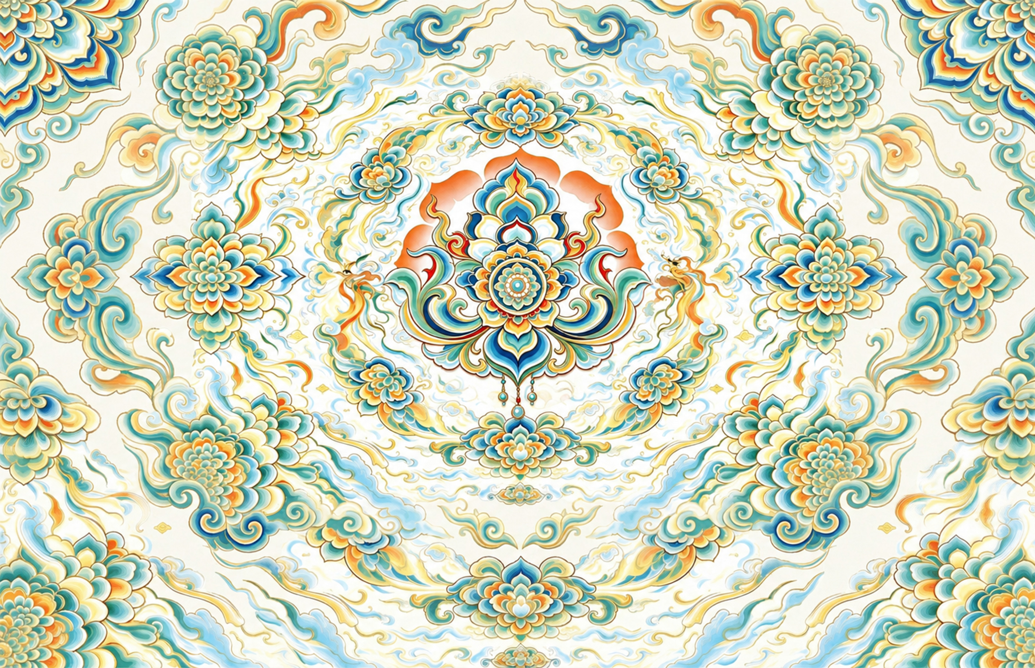 将图一正中间的圆形宝相花纹样，替换为图二中间的带垂坠宝石装饰的… - 图片创意预览