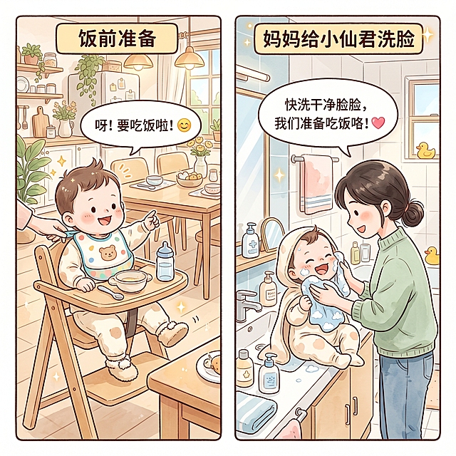 漫画风格，6-10个月大的小孩小仙君在饭前准备，第二个场景：妈妈给小仙君洗脸，妈妈和小仙君都穿现代装扮，整体柔和清新可爱，温馨居家环境