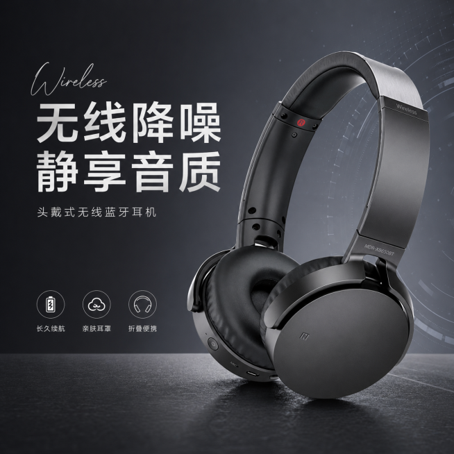 [单张主图] 黑色无线头戴耳机，高级氛围感主图，同时承担点击、理解、信任、转化四个任务。
[构图版式] 采用左文右物场景型版式，左侧保留大面积留白放置文字内容，产品放置在右侧斜向放大展示，底部用深灰色预览效果