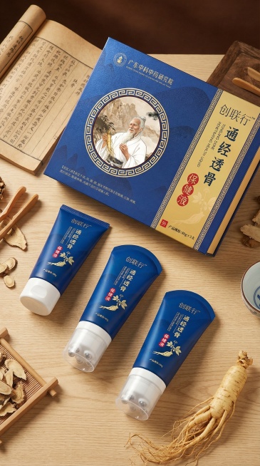 方案一：主礼盒斜置+软管高低错位：礼盒45°倾斜置后，3支软管呈阶梯状错落摆放，人参与卷轴对角点缀，增强动态层次预览效果