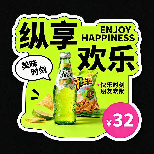 中间有零食饮料。荧光绿,主标题“纵享欢乐”，辅以英文“ENJOY HAPPINESS”；左侧气泡文案“美味时刻”，右下角粉色圆形价格“¥32”，小字“快乐时刻 朋友欢聚”。