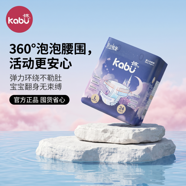 严格还原上传的卡布 kabu 星空城堡系列婴儿纸尿裤产品图，包括包装设计、颜色、LOGO 位置、文字内容、图案元素等所有细节，产品外观必须与参考图完全一致，不得改变包装设计、配色方案或品牌元素，保持产预览效果