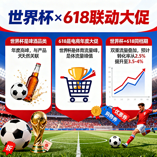 世界杯和618大促联动宣传图，并列结构展示三个核心要点：1. "世界杯是啤酒品类年度高峰，与产品天然关联"；2. "618是电商年度大促，世界杯是体育流量峰值"；3. "世界杯+618同档期，双重流量叠加，预计转化率从2.5%提升至3.5-4%"，同时融合世界杯足球元素和购物促销元素，设计清晰醒目，商业风格